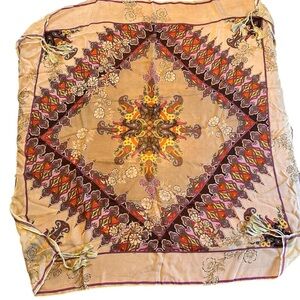 Johnny Was oversized 100% silk scarf with tassels 42”x 42”